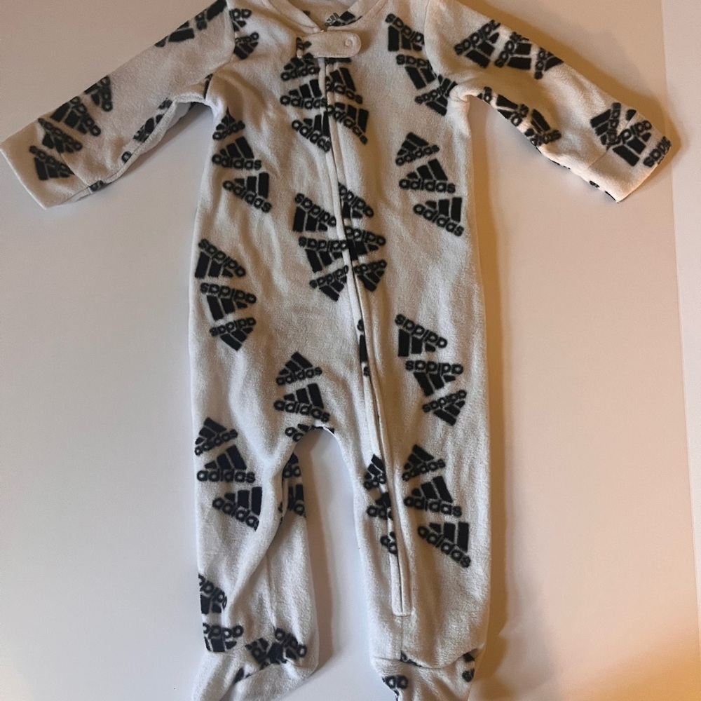 adidas White Footed Fleece One-Piece with Black Logo Print